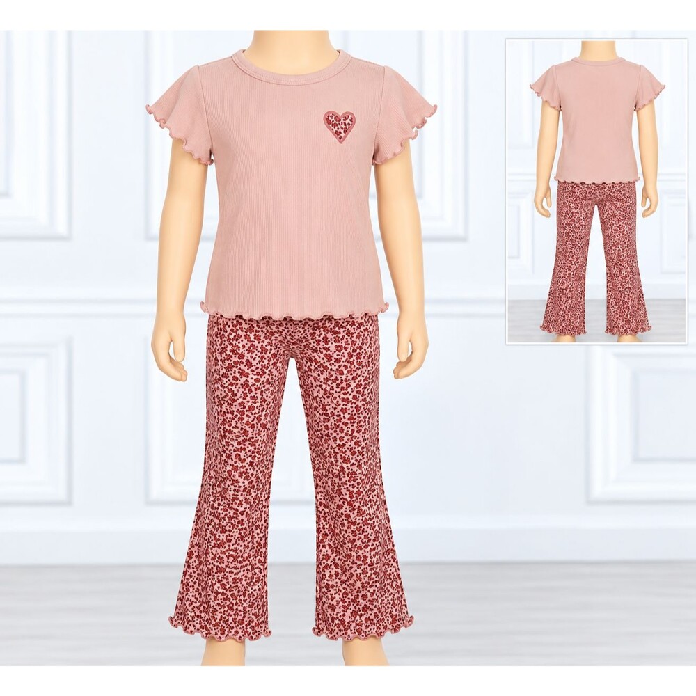 Girls 2 Piece 4T Outfit Pink Heart Top Leopard Print Flare Pants Set NWT